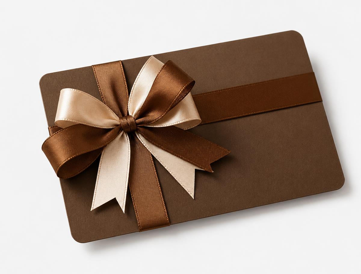 Brown FYRE WELLNESS gift card tied with a satin bow